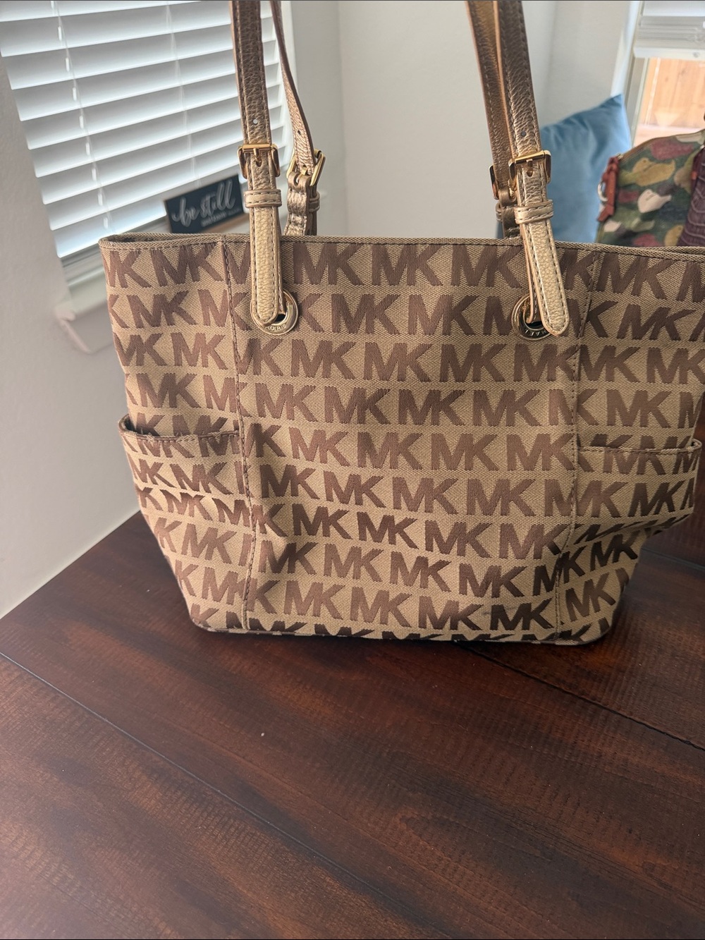 Michael Kors Tan/Brown Signature MK Tote with Gold Accents
